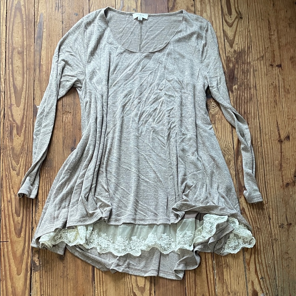 Umgee Taupe Tunic with Lace Trim
